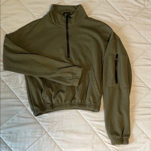 Half Zip Mock Neck Cropped Green Sweater